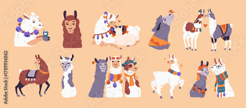 Set of cute alpacas. Llamas with happy muzzles, fashion clothes and scarves. Adorable mother and baby lama kiss and love. Funny animals characters of Peru. Flat isolated vector illustrations