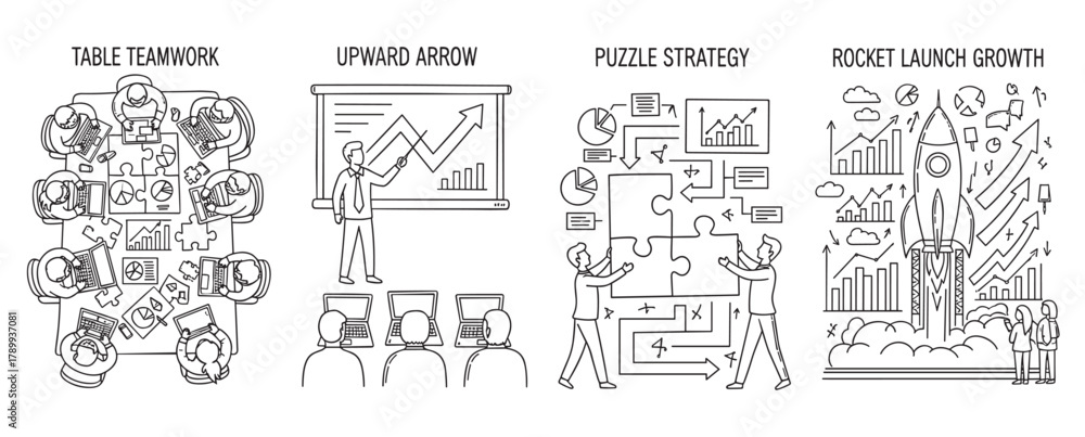 Obraz premium Business concept icons in a hand drawn style showing teamwork and project strategy. Doodle collection with a rocket launch for growth and people solving a puzzle for solutions
