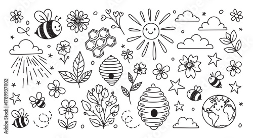 Cute collection of hand drawn doodle elements featuring bees and flowers. Set includes a smiling sun, planet earth, beehives and honeycomb icons for spring or ecology themes