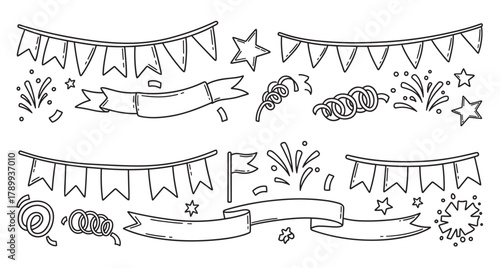 Collection of hand drawn party decoration elements like banners and confetti. Doodle style celebration icons for birthday or holiday design. Festive garlands and ribbons in a sketch style