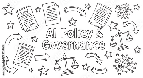 Ai policy and governance concept with doodle elements. Hand drawn sketch of law, ethics, and justice scales for artificial intelligence regulation and compliance