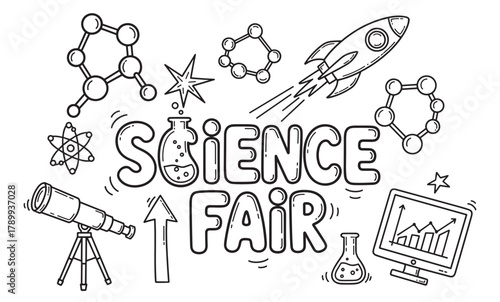 Science fair doodle set with hand drawn lettering and icons. Collection includes a rocket, telescope, molecule, and atom symbols for educational projects or school events