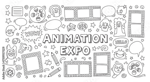Animation expo doodle set with hand drawn elements. Collection of cartoon characters, film strips and speech bubbles for a creative festival or convention concept