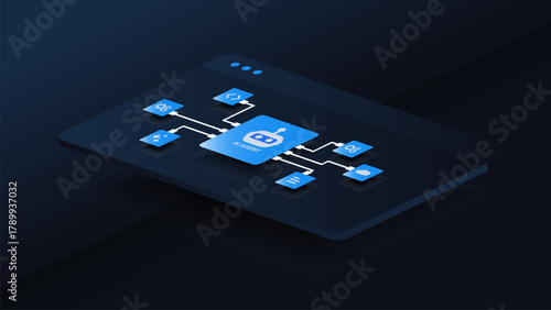 AI workflow automation artificial intelligence. ai agent workflow diagram connecting cloud, data and automation system.