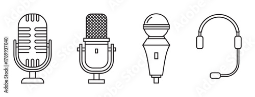 Microphone and headset icon set in a simple outline style. Collection of various audio equipment including vintage, studio, and handheld mics for podcasting and broadcasting