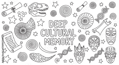 Deep cultural memory concept with history and science icons. Doodle set of a dinosaur skull, tribal masks, dna helix, and ancient scrolls for a creative project or coloring page