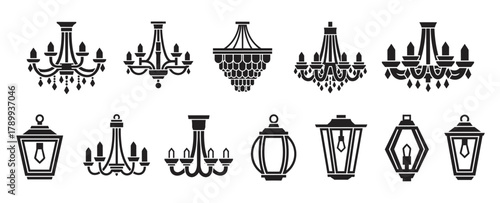 Chandelier and lantern icon set for interior design projects. A collection of classic ceiling lamps and light fixtures in a simple black silhouette style for graphic elements