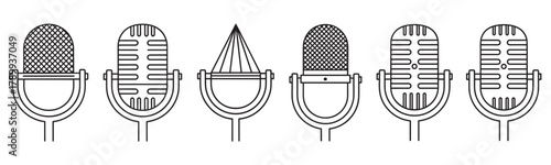 Set of vintage microphone icons in a simple line art style. Collection of retro audio equipment for podcasting or broadcasting. Minimalist symbols for music studio branding