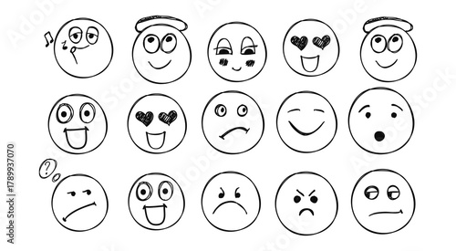 Hand drawn vector happy face emoticons with hearts doodle sketch style cute funny emoji icons positive emotions happiness
