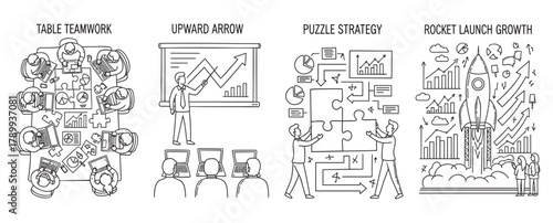 Business concept icons in a hand drawn style showing teamwork and project strategy. Doodle collection with a rocket launch for growth and people solving a puzzle for solutions