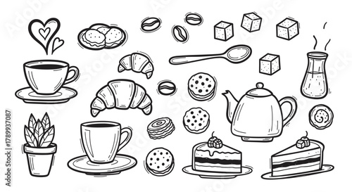 Hand drawn coffee shop doodle collection with breakfast and dessert items. Sketch style icons of cups, cake, and croissants for cafe menu design or bakery branding