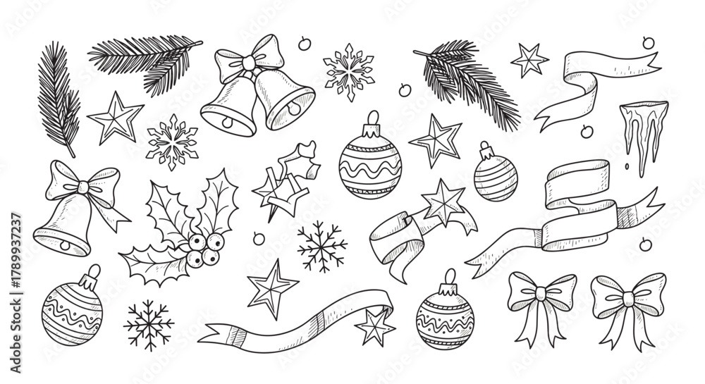 Obraz premium Hand drawn christmas elements collection in a doodle sketch style. Featuring festive decorations like pine branches, baubles, and bows for holiday greeting cards and invitations