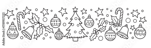 Set of christmas outline icons arranged in a horizontal banner for holiday design. Festive doodle elements including tree, star, bell and holly for a coloring page