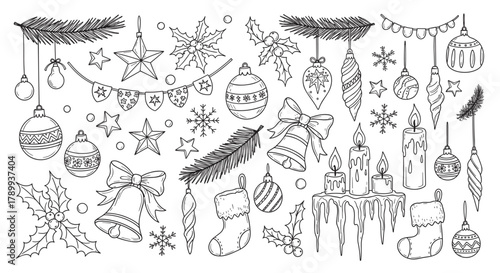 Christmas doodle elements set with traditional holiday decorations. Hand drawn outline icons of ornaments, stars, candles, and holly for festive winter season design concepts
