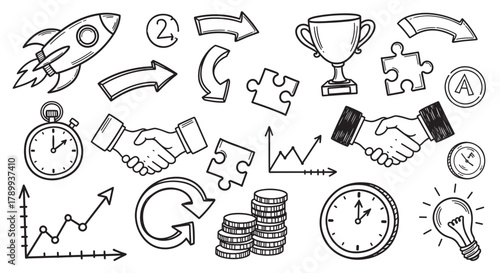 Hand drawn business doodle icon set for startup and success concepts. Collection includes rocket launch, handshake, trophy, and financial growth chart for marketing