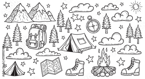 Hand drawn set of camping and hiking doodle icons for outdoor adventure themes. Monochrome line art collection with mountain, tent, campfire, backpack, map and boots