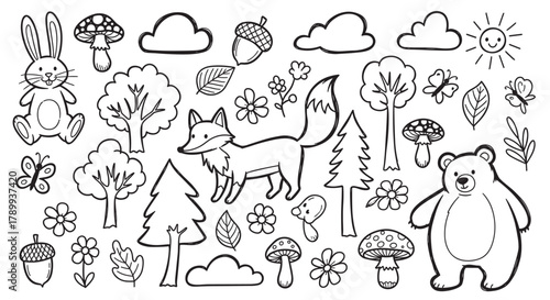Cute hand drawn forest animals and nature elements. A charming doodle collection of woodland creatures, trees, and mushrooms for children's design projects