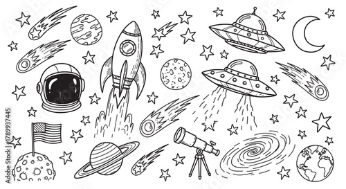 Hand drawn collection of space exploration doodles and icons. Set includes rocket ship, astronaut helmet, planets, ufo, and galaxy. Cosmic line art for kids science projects or coloring