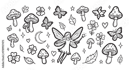 Whimsical set of magical forest doodles with a fairy and enchanted elements. Hand drawn collection of mushrooms, butterflies, flowers, and stars for creative projects