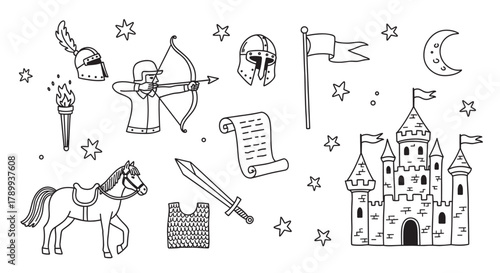 Hand drawn collection of medieval fantasy icons for a fairytale theme. Includes a knight, archer, castle, sword, and other historical elements in a simple outline style