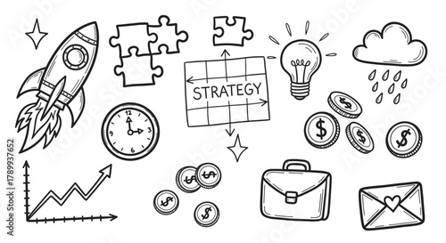Hand drawn doodle set of business strategy and startup icons for marketing. Collection of financial growth, innovation, and planning symbols for entrepreneurship concepts