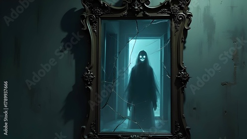 terrifying creepy ghost figure in cracked mirror with glowing eyes. concept for scary mystery, horror, halloween, and paranormal event.