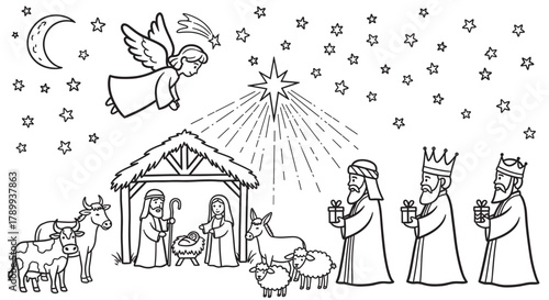 Nativity scene with baby jesus, mary and joseph in a manger. Three wise men and an angel celebrating the birth of christ, a christian holiday coloring page for children