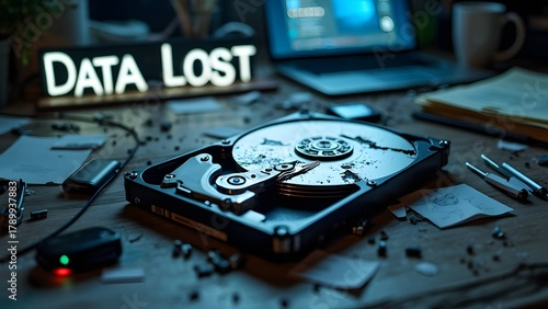 Broken Hard Drive on Desk with Data Lost Sign for IT Recovery, technology failure and information security issues