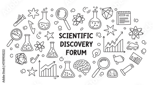 Scientific discovery forum banner with hand drawn doodle icons. A collection of science, research, and education elements for a conference, presentation, or website header