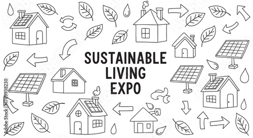 Sustainable living expo banner with hand drawn eco friendly icons. Doodle set of green energy elements like solar panels houses and leaves for an environmental event
