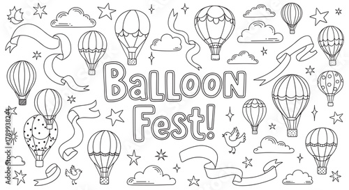 Doodle collection of hot air balloons with clouds and stars for a festival celebration. Black and white line art elements perfect for coloring pages or children's party invitations