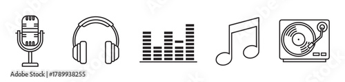 Music and audio icon set for web and app design. Collection of linear symbols including microphone, headphones, equalizer, note, and turntable for podcasting or streaming