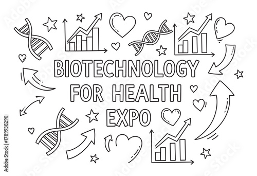 Biotechnology for health expo concept with doodle style icons. Hand drawn dna helix, growth chart, and heart symbols for a science event. Medical innovation and genetic research banner