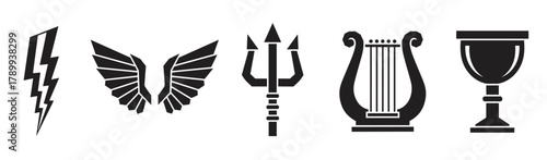 Set of ancient greek god symbols in a minimalist black silhouette style. Collection includes zeus lightning bolt, hermes wings, poseidon trident, and apollo lyre for graphic design