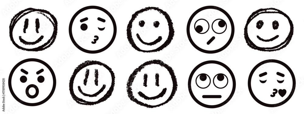Fototapeta premium Hand drawn face smile icon line people face emotions set in doodle scribble pencil marker style hand drawn. Grunge Face Emoji Icon Set. Grunge Vector Emoticons.