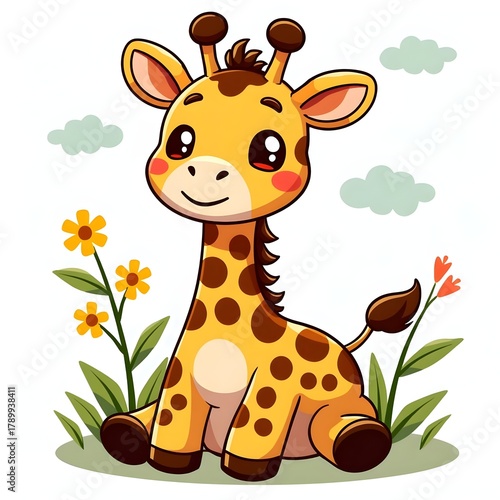 Adorable baby giraffe cartoon in grass with happy yellow flowers and clouds. flat illustration for Kids and Animal Themes