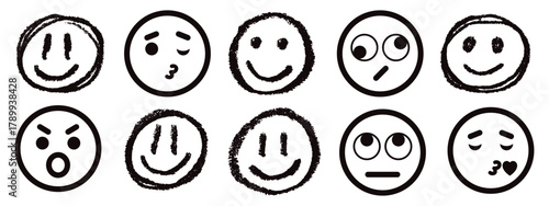 Hand drawn face smile icon line people face emotions set in doodle scribble pencil marker style hand drawn. Grunge Face Emoji Icon Set. Grunge Vector Emoticons.
