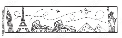 International tourism banner with famous world landmarks in a simple line art style. Airplane flight path connecting iconic destinations for a global travel and vacation concept