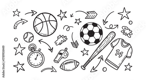 A set of hand drawn sports equipment in a doodle style. Includes basketball, soccer, baseball, football, and athletic gear for school or team event promotion designs