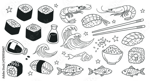 Collection of hand drawn japanese food icons in a simple doodle style. Set includes sushi, maki rolls, nigiri, shrimp, and fish for an authentic asian cuisine concept