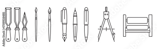 Creative tools icon set for art, design, and education concepts. Minimalist line art collection with chisel, paintbrush, fountain pen, compass, and printmaking brayer