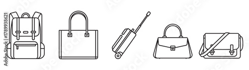 Set of bag icons in a minimal line art style. Collection includes a backpack, tote, luggage, handbag, and messenger bag for travel, shopping, and fashion concepts