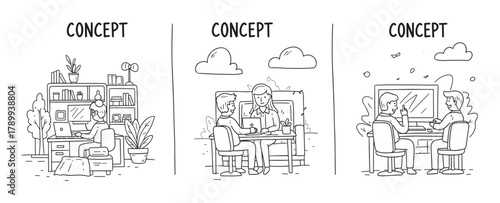 Hand drawn illustrations of various work scenarios. A person working remotely from a home office and colleagues collaborating on a project in a modern workplace