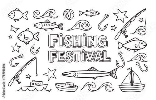 Fishing festival doodle set with hand drawn marine elements. Collection of outline icons including fish, boats, waves, and fishing rods for event decoration or coloring pages