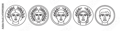 Set of ancient greek and roman profile icons in a minimalist line art style. Classic emperor and goddess faces with laurel wreaths representing victory and mythology