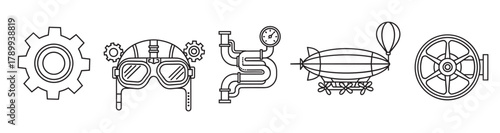 Steampunk line icon collection with mechanical elements. Set of vintage industrial graphics including a gear, goggles, pipes, airship, and wheel for retrofuturistic design
