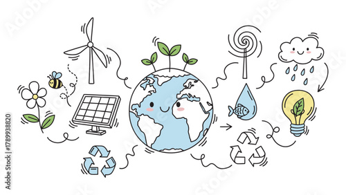 Kawaii doodle set of environmental icons for earth day and sustainability. Includes planet earth, renewable energy, recycling, and nature elements for conservation campaigns