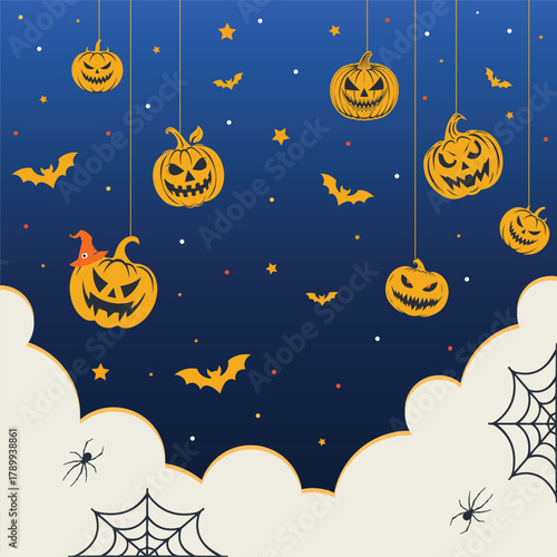 Halloween pumpkin seamless banner. Spooky squash lanterns silhouettes, scary lanterns halloween flat background illustration.