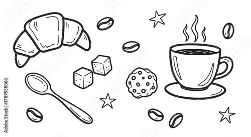 Hand drawn coffee and pastry doodle collection. Sketch style breakfast icons including a croissant, cookie, sugar cubes, and coffee beans for cafe or bakery branding