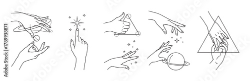 Set of beautiful female hands in various esoteric and magical poses with celestial elements. Mystical linear icons featuring planets, stars, and sacred geometry for spiritual concepts
